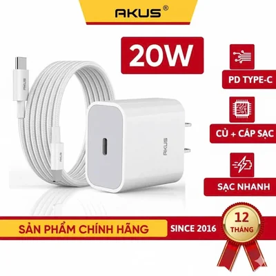 Bộ sạc nhanh PD20W Akus dây cáp TypeC to IP dùng c...